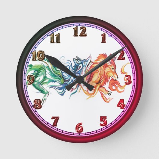 Three Rainbow watercolor wolves Runde Wanduhr (Vorderseite)