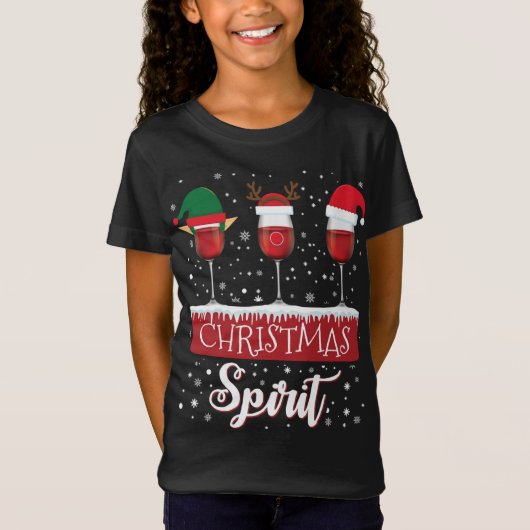 Three Red Wine Glass Christmas Spirit Santa Elf T-Shirt (Vorderseite)