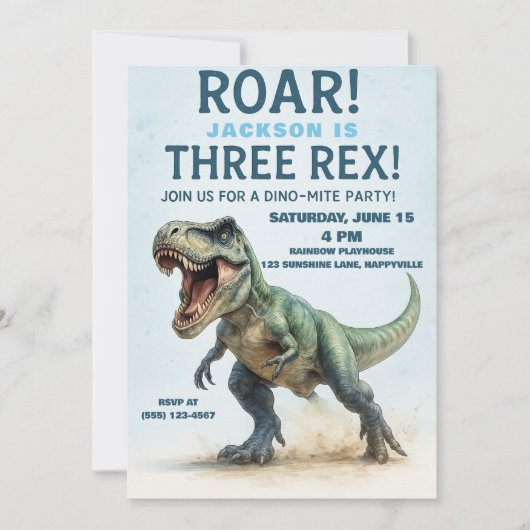 Three Rex Birthday - Boys T-Rex Dinosaur Bday Einladung (Vorderseite)