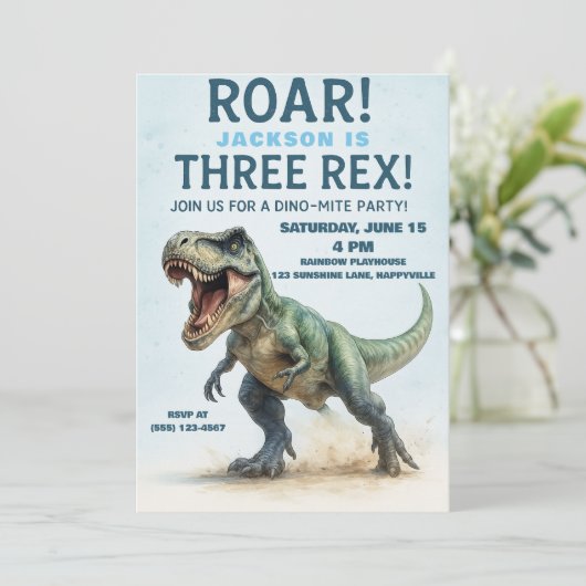 Three Rex Birthday - Boys T-Rex Dinosaur Bday Einladung (Stehend Vorderseite)