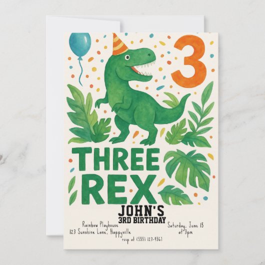 Three Rex Birthday Invitation Boy - Dinosaurier 3. Einladung (Vorderseite)
