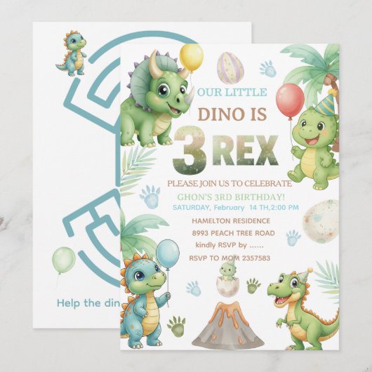 Three-Rex Birthday Invitation with Maze Invitation Einladung (Vorne/Hinten)