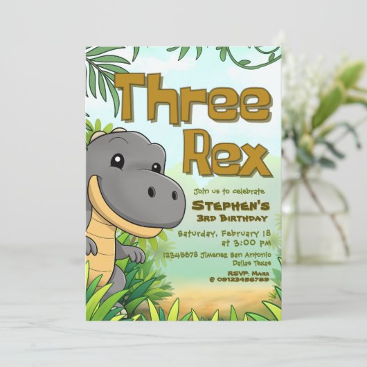 Three Rex Boy 3. Geburtstag Einladung (Stehend Vorderseite)
