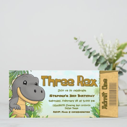 Three Rex Boy 3rd Birthday Ticket Einladung (Stehend Vorderseite)