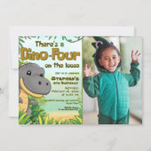 Three Rex Boy 4th Birthday with Photo Einladung (Vorderseite)