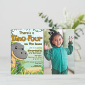 Three Rex Boy 4th Birthday with Photo Einladung (Stehend Vorderseite)