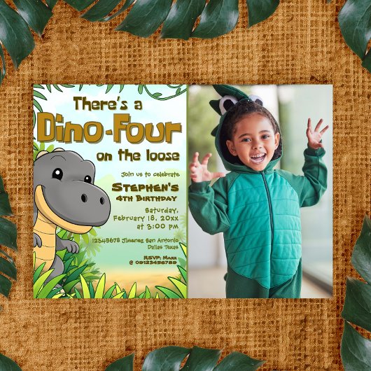 Three Rex Boy 4th Birthday with Photo Einladung