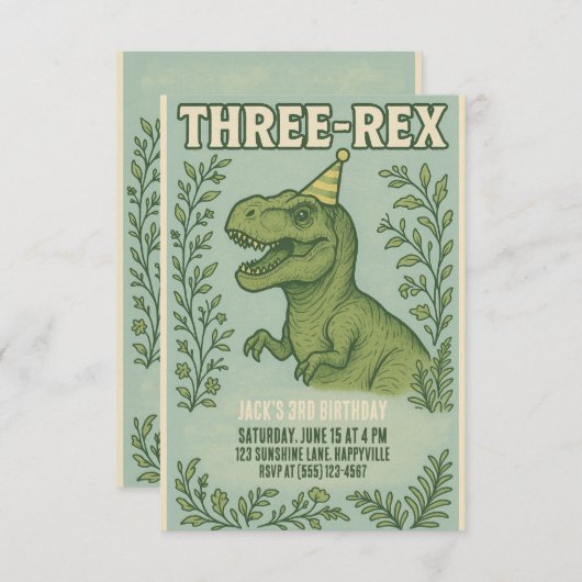 Three Rex Dinosaur 3. Geburtstag Einladung (Vorne/Hinten)