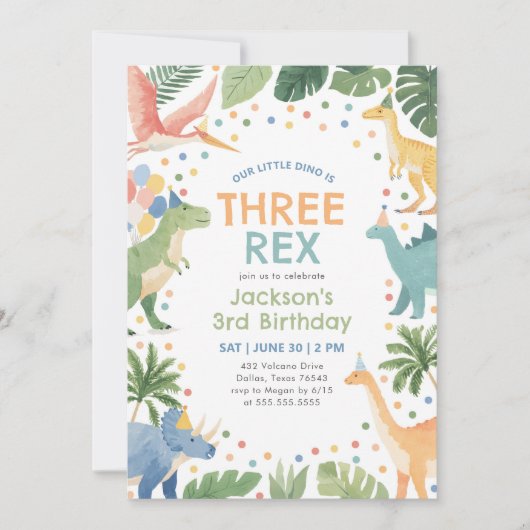 Three Rex Dinosaur 3. Geburtstag Einladung (Vorderseite)