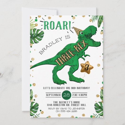 Three Rex Dinosaur 3. Geburtstag Einladung (Vorderseite)