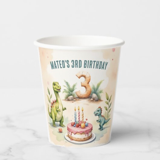 Three Rex Dinosaur 3. Geburtstag Pappbecher (Vorderseite)