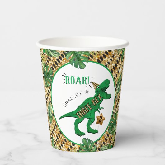 Three Rex Dinosaur 3. Geburtstag Pappbecher (Rückseite)