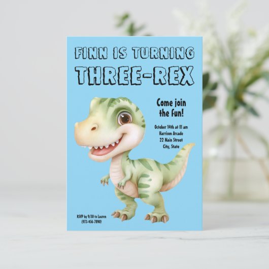 Three-Rex Dinosaur 3rd Birthday Party Invitation Einladung (Stehend Vorderseite)
