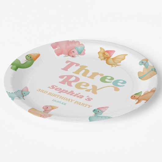 Three Rex Dinosaur 3rd Third Birthday Party Pappteller (Schrägansicht)