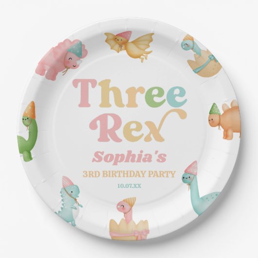 Three Rex Dinosaur 3rd Third Birthday Party Pappteller (Vorderseite)