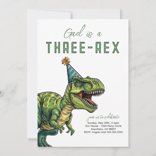 Three-Rex Dinosaur Birthday Einladung (Vorderseite)