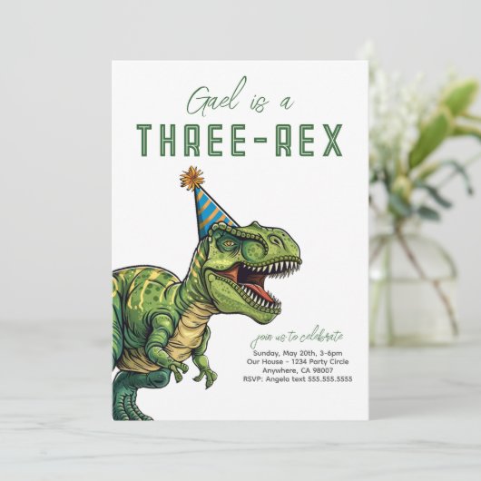 Three-Rex Dinosaur Birthday Einladung (Stehend Vorderseite)