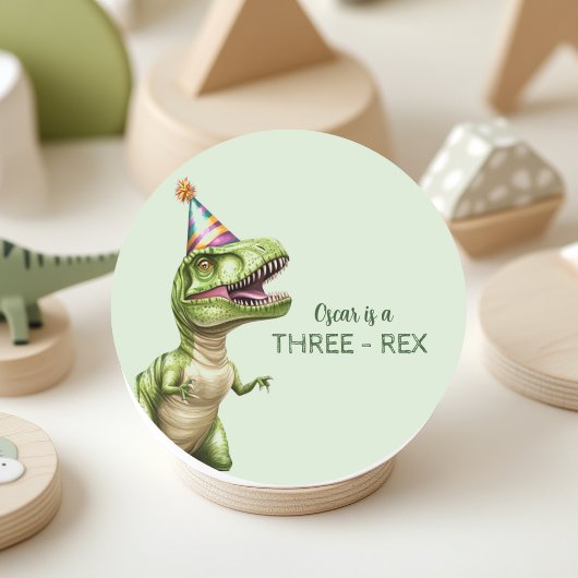 Three-Rex Dinosaur Birthday | Green Dino Runder Aufkleber