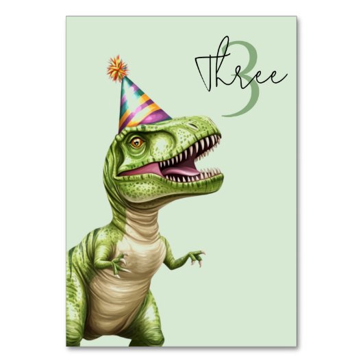 Three-Rex Dinosaur Birthday | Green Dino Tischnummer (Vorderseite)