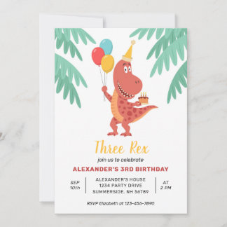 Three Rex Dinosaur Cake Balloon 3. Geburtstags-Par Einladung