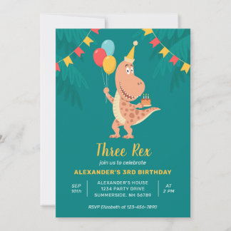 Three Rex Dinosaur Cake Balloon 3. Geburtstags-Par Einladung