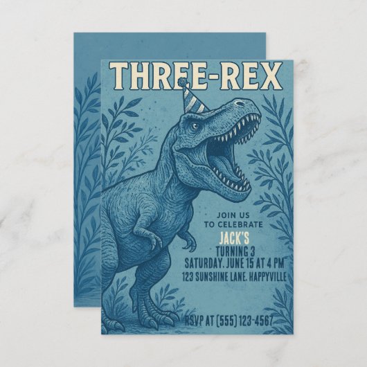 Three Rex Dinosaur Jungle Birthday Einladung (Vorne/Hinten)