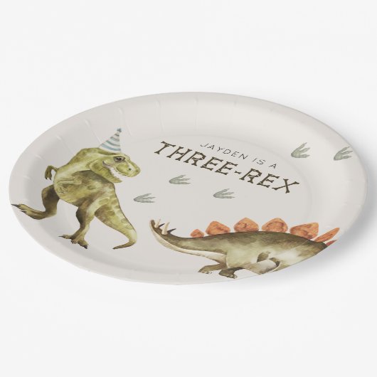 Three-Rex Dinosaur T-rex 3rd Birthday Pappteller (Schrägansicht)