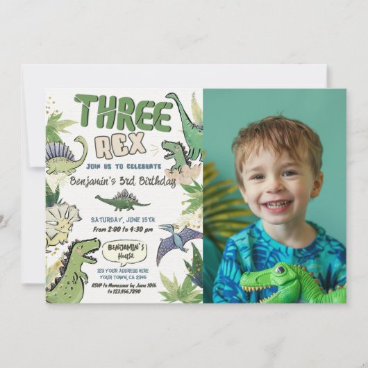 Three Rex Dinosaur Themed Einladung (Vorderseite)
