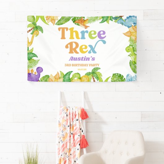 Three Rex Dinosaur Third 3rd Birthday Party Banner (Insitu)