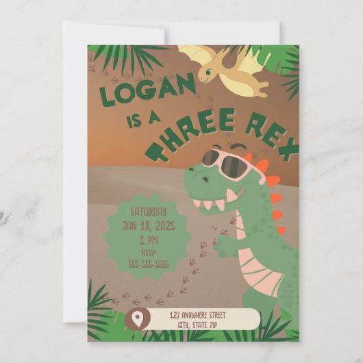 "Three" Rex Dinosaurier 3. Geburtstagseinladung Einladung (Vorderseite)
