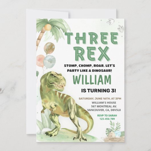 Three Rex dinosaurier electronic Dino 3. Geburtsta Einladung (Vorderseite)