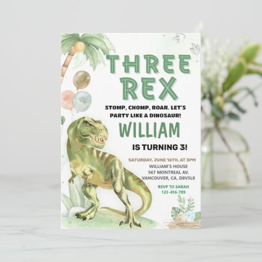 Three Rex dinosaurier electronic Dino 3. Geburtsta Einladung (Stehend Vorderseite)