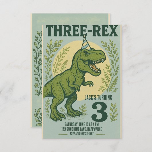 Three Rex Dinosaurier Greenerity Geburtstag Einladung (Vorne/Hinten)