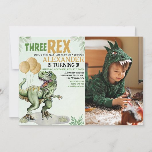 Three Rex - Funny Birthday 3rd Boy Dinosaur Einladung (Vorderseite)