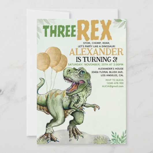 Three Rex - Funny Birthday 3rd Boy Dinosaur Einladung (Vorderseite)