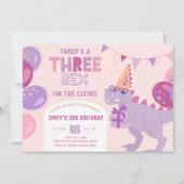 Three Rex Girl Invitation. T-Rex 3rd Birthday Einladung (Vorderseite)