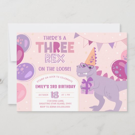 Three Rex Girl Invitation. T-Rex 3rd Birthday Einladung (Vorderseite)