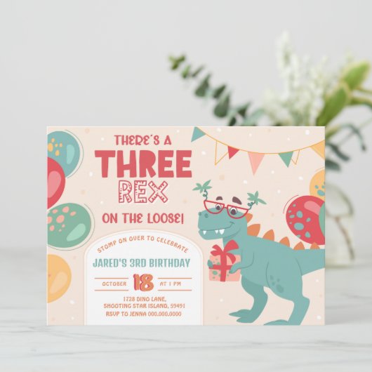 Three Rex Invitation Boy. Dinosaur 3rd Birthday Einladung (Stehend Vorderseite)