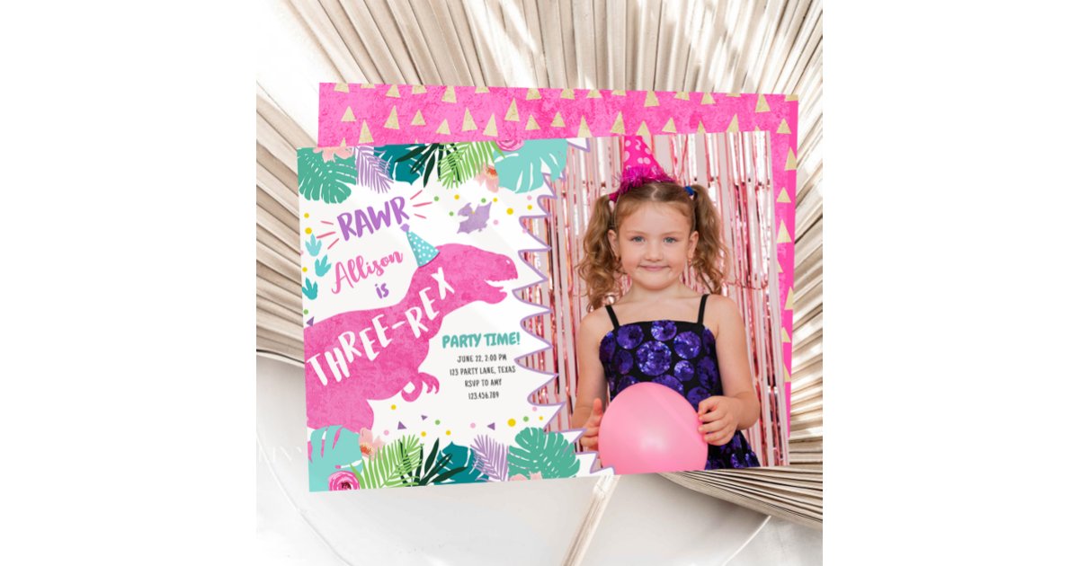Three Rex Pink Dinosaurier Girl Dritter Geburtstag Einladung Zazzle.de