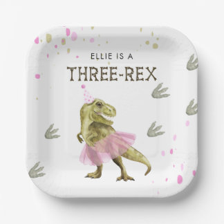 Three Rex & Pink Tutu Birthday Party Paper Plate Pappteller