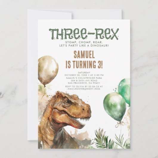 Three Rex - Tyronasaurus Dinosaurier Boy Birthday Einladung (Vorderseite)