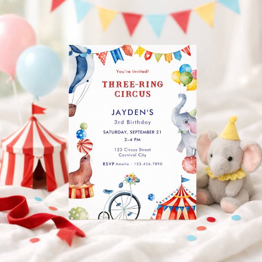 Three Ring Circus 3rd Birthday Carnival Animal Einladung