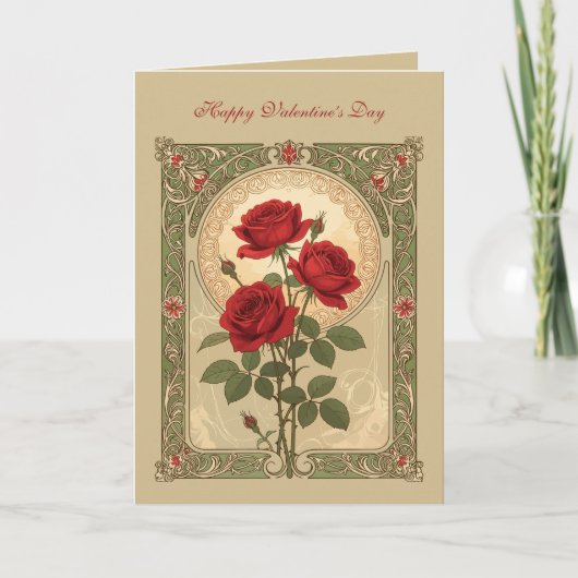 Three Romantic Red Roses Art Nouveau Style Karte (Vorderseite)