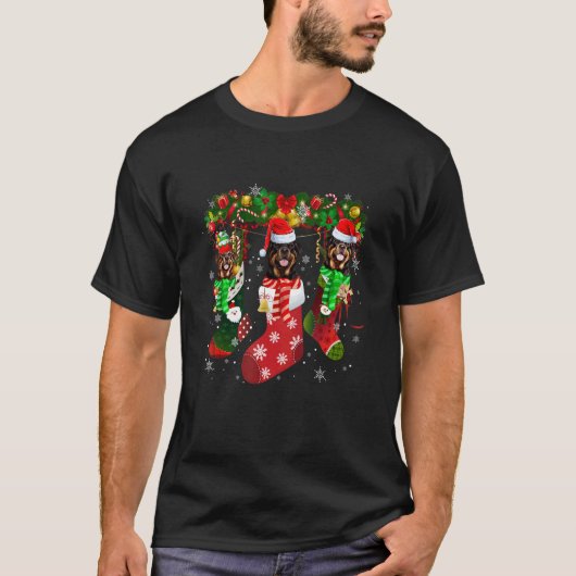 Three Rottweiler In Socks Christmas Santa Hat T-Shirt (Vorderseite)