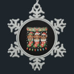 Three Santa Elf Dachshunds Christmas Socks Funny Schneeflocken Zinn-Ornament<br><div class="desc">Three Santa Elf Dachshunds Christmas Socks Funny</div>