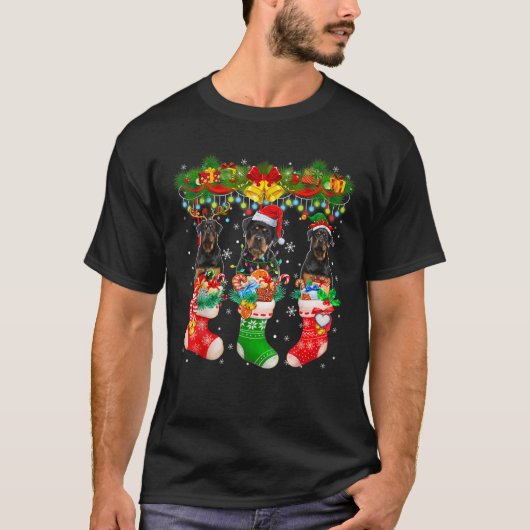 Three Santa Reindeer Elf Rottweiler Dogs In Christ T-Shirt (Vorderseite)