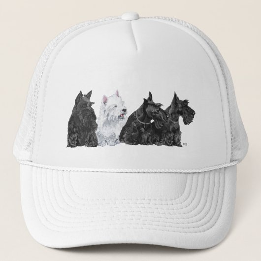 Three Scotties & a Westie Truckerkappe (Vorderseite)