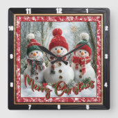 Three Snowmen Merry Christmas Quadratische Wanduhr (Vorderseite)