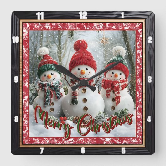Three Snowmen Merry Christmas Quadratische Wanduhr (Vorderseite)