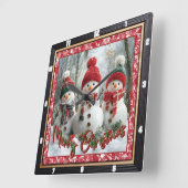 Three Snowmen Merry Christmas Quadratische Wanduhr (Winkel)